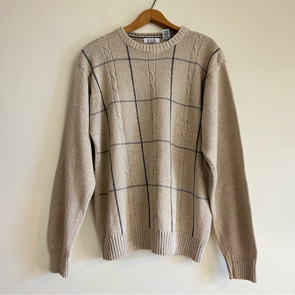 Vintage cream grid pattern cable knit sweater, Boca Classics, size L